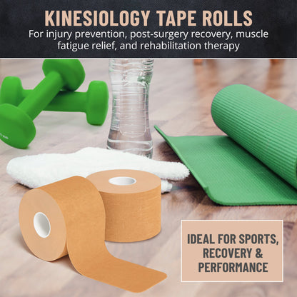 Kinesiology Tape Rolls - Pack of 3 (2 Inch x 16 Ft / 5cm x 5m) - Latex-Free, Breathable Cotton - Strong Adhesive for Muscle & Joint Support - Water-Resistant & Sweatproof for Sports & Recovery, Beige