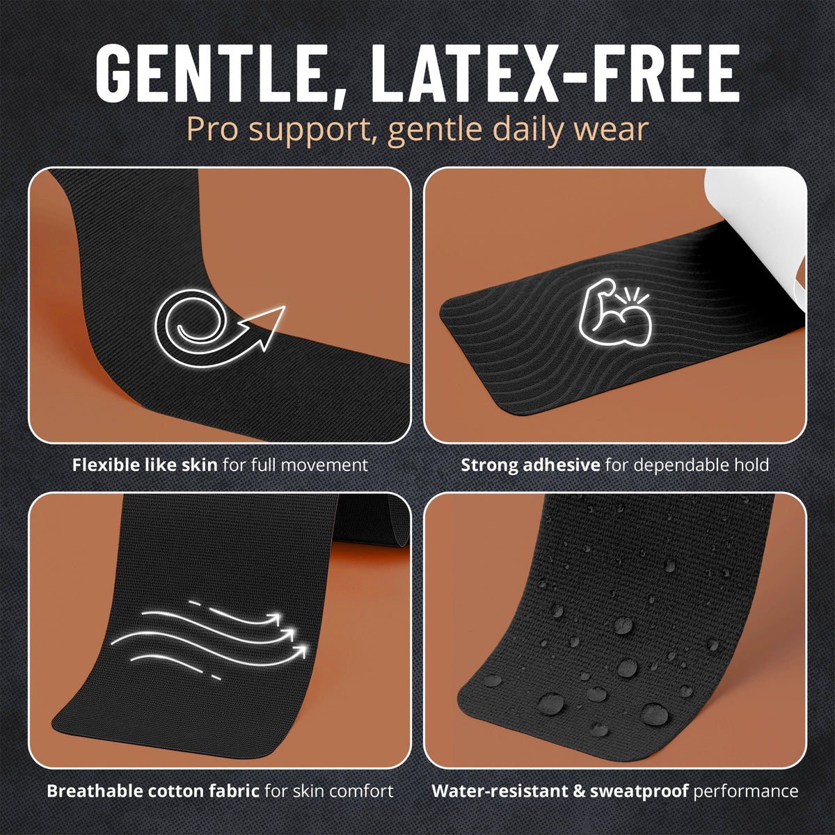 Kinesiology Tape Rolls - Pack of 3 (2 Inch x 16 Ft / 5cm x 5m) - Latex-Free, Breathable Cotton - Strong Adhesive for Muscle & Joint Support - Water-Resistant & Sweatproof for Sports & Recovery, Black