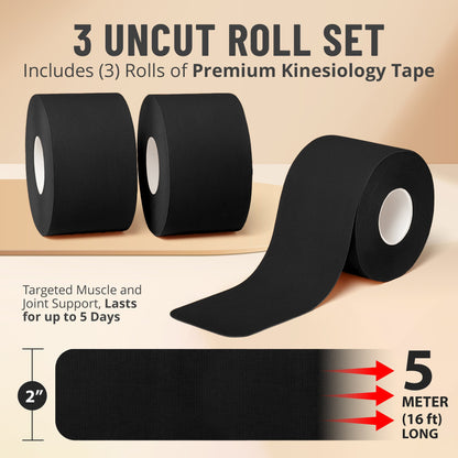 Kinesiology Tape Rolls - Pack of 3 (2 Inch x 16 Ft / 5cm x 5m) - Latex-Free, Breathable Cotton - Strong Adhesive for Muscle & Joint Support - Water-Resistant & Sweatproof for Sports & Recovery, Black