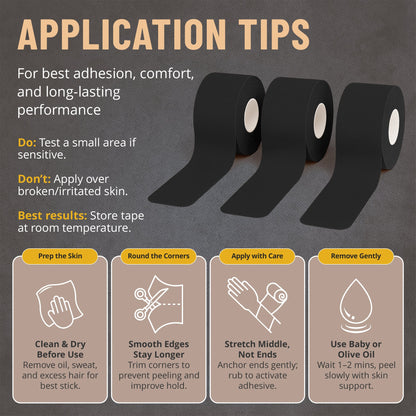 Kinesiology Tape Rolls - Pack of 3 (2 Inch x 16 Ft / 5cm x 5m) - Latex-Free, Breathable Cotton - Strong Adhesive for Muscle & Joint Support - Water-Resistant & Sweatproof for Sports & Recovery, Black