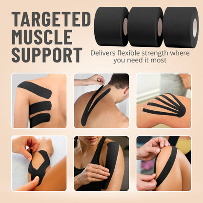 Kinesiology Tape Rolls - Pack of 3 (2 Inch x 16 Ft / 5cm x 5m) - Latex-Free, Breathable Cotton - Strong Adhesive for Muscle & Joint Support - Water-Resistant & Sweatproof for Sports & Recovery, Black