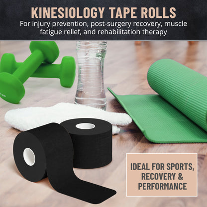 Kinesiology Tape Rolls - Pack of 3 (2 Inch x 16 Ft / 5cm x 5m) - Latex-Free, Breathable Cotton - Strong Adhesive for Muscle & Joint Support - Water-Resistant & Sweatproof for Sports & Recovery, Black