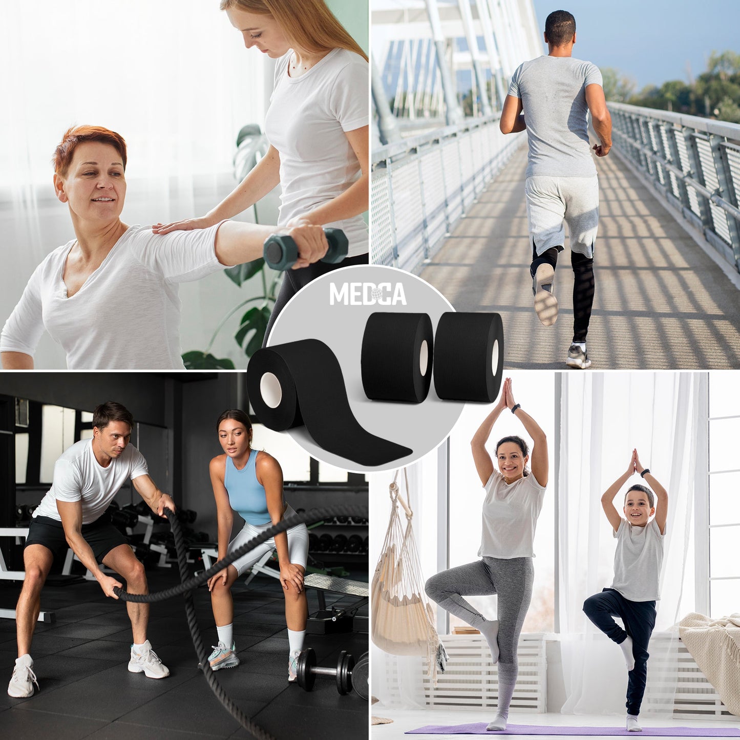 Kinesiology Tape Rolls - Pack of 3 (2 Inch x 16 Ft / 5cm x 5m) - Latex-Free, Breathable Cotton - Strong Adhesive for Muscle & Joint Support - Water-Resistant & Sweatproof for Sports & Recovery, Black