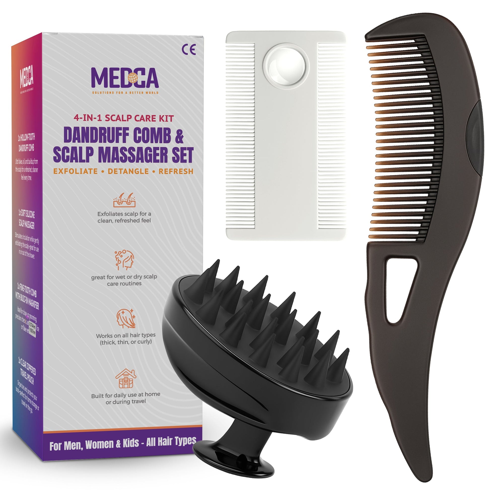 Dandruff Comb and Scalp Massager Set - (4 Piece Set) Exfoliating Hair Tool Kit with Fine Tooth Comb, Silicone Scrubber, 