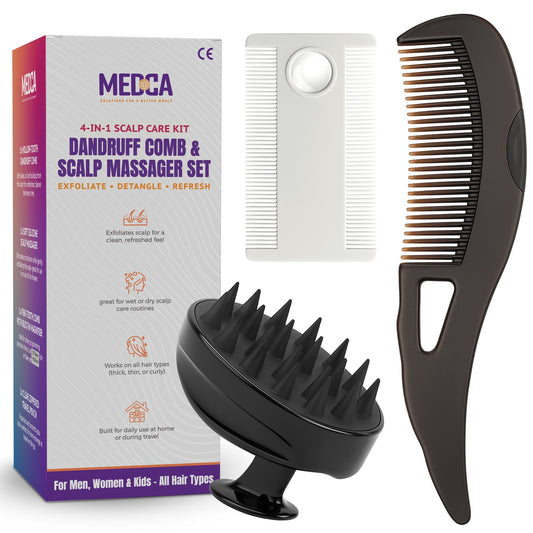 Dandruff Comb and Scalp Massager Set - (4 Piece Set) Exfoliating Hair Tool Kit with Fine Tooth Comb, Silicone Scrubber, 