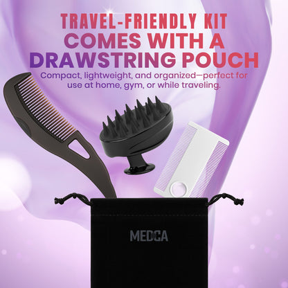 Dandruff Comb and Scalp Massager Set - (4 Piece Set) Exfoliating Hair Tool Kit with Fine Tooth Comb, Silicone Scrubber, Travel Case - Flake & Buildup Removal for Men, Women, Kids - All Hair Types