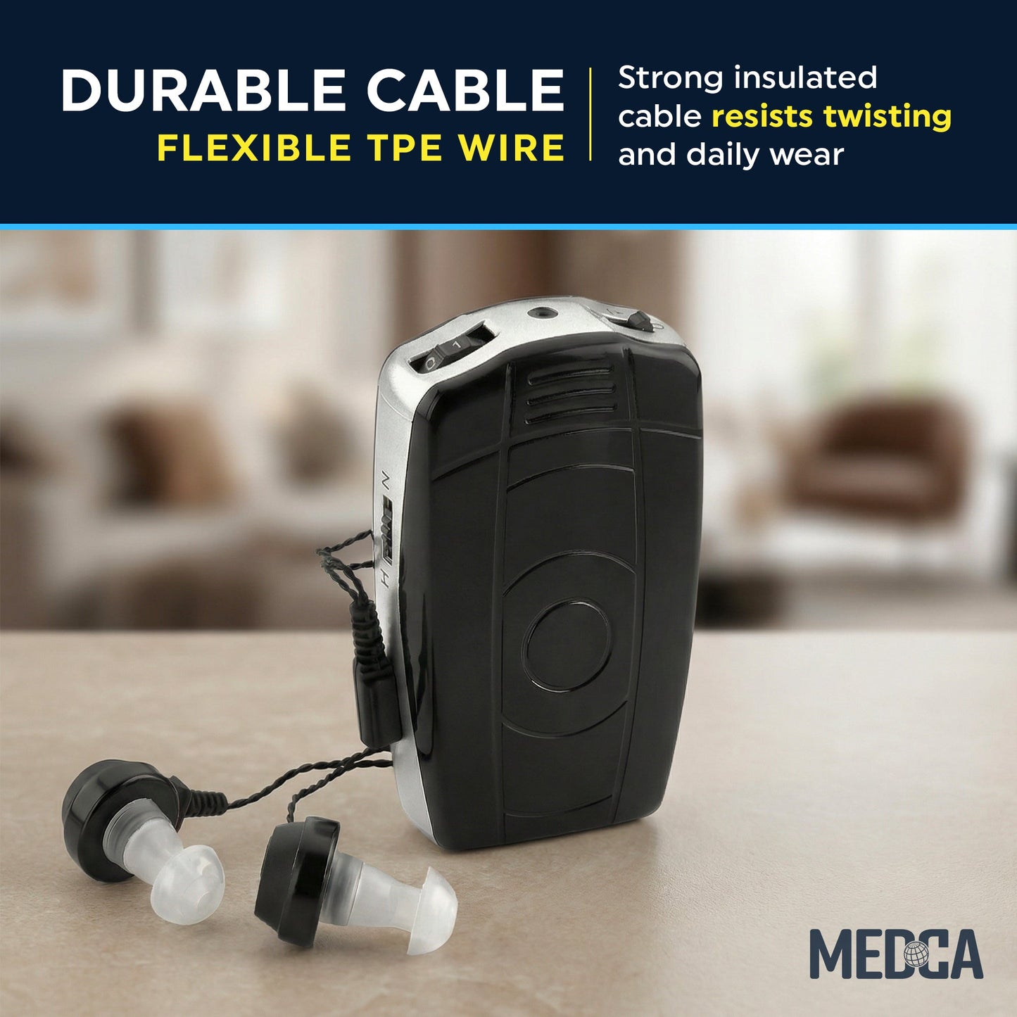2 Pin Hearing Aid Replacement Cord & Receiver Set - Compatible with Most Pocket Hearing Aids AVA-16 & AVA-68 Body Worn Hearing Amplifiers - 75cm Cable - Sound Amplifier Accessory & 6 Ear Domes