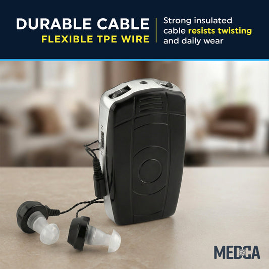 2 Pin Hearing Aid Replacement Cord & Receiver Set - Compatible with Most Pocket Hearing Aids AVA-16 & AVA-68 Body Worn Hearing Amplifiers - 75cm Cable - Sound Amplifier Accessory & 6 Ear Domes