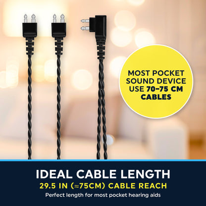 2 Pin Hearing Aid Replacement Cord & Receiver Set - Compatible with Most Pocket Hearing Aids AVA-16 & AVA-68 Body Worn Hearing Amplifiers - 75cm Cable - Sound Amplifier Accessory & 6 Ear Domes