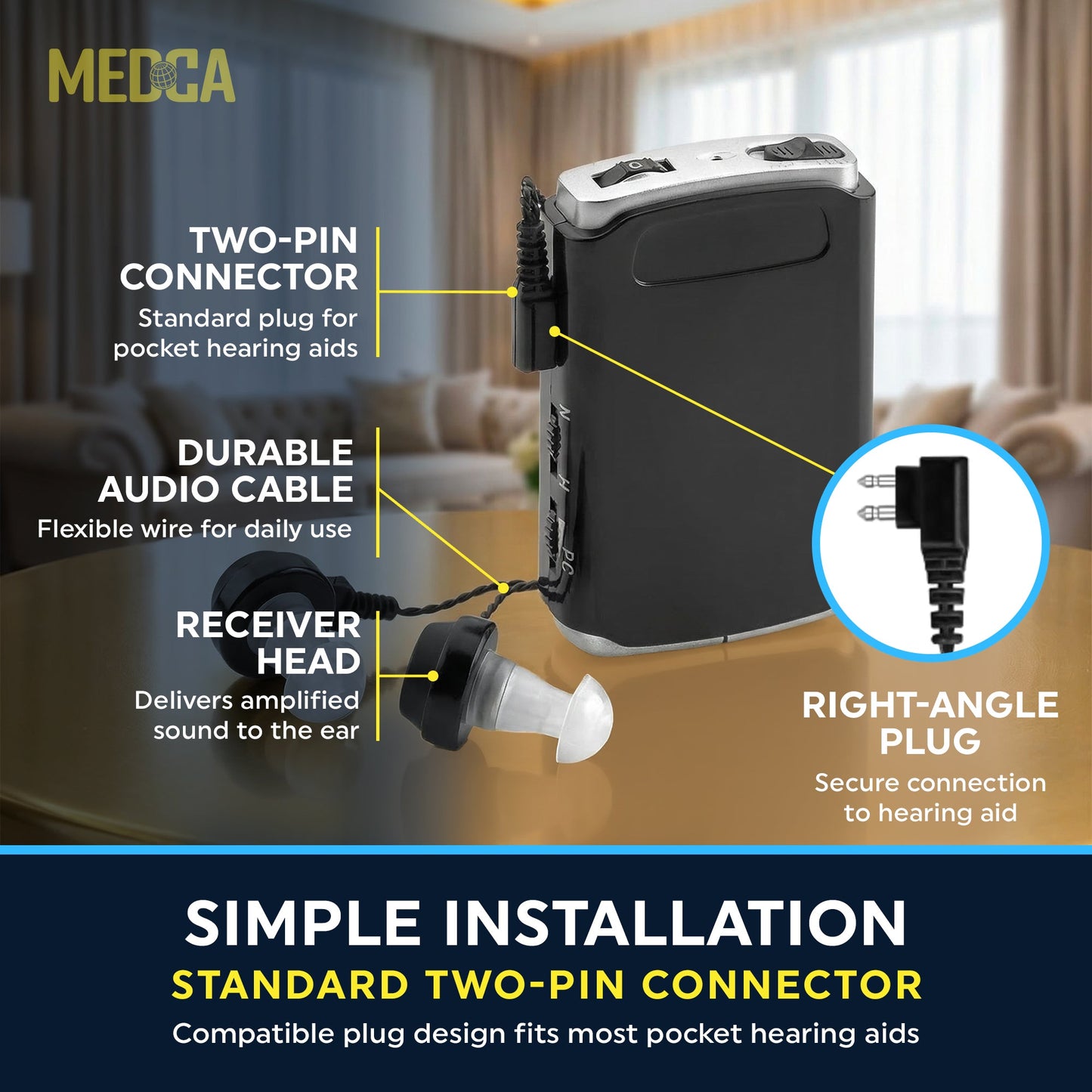 2 Pin Hearing Aid Replacement Cord & Receiver Set - Compatible with Most Pocket Hearing Aids AVA-16 & AVA-68 Body Worn Hearing Amplifiers - 75cm Cable - Sound Amplifier Accessory & 6 Ear Domes