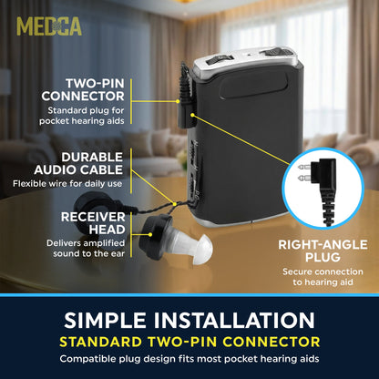 2 Pin Hearing Aid Replacement Cord & Receiver Set - Compatible with Most Pocket Hearing Aids AVA-16 & AVA-68 Body Worn Hearing Amplifiers - 75cm Cable - Sound Amplifier Accessory & 6 Ear Domes
