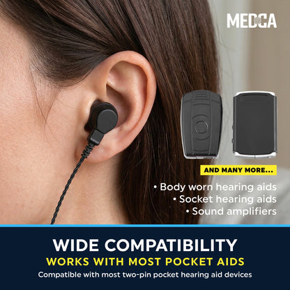 2 Pin Hearing Aid Replacement Cord & Receiver Set - Compatible with Most Pocket Hearing Aids AVA-16 & AVA-68 Body Worn Hearing Amplifiers - 75cm Cable - Sound Amplifier Accessory & 6 Ear Domes