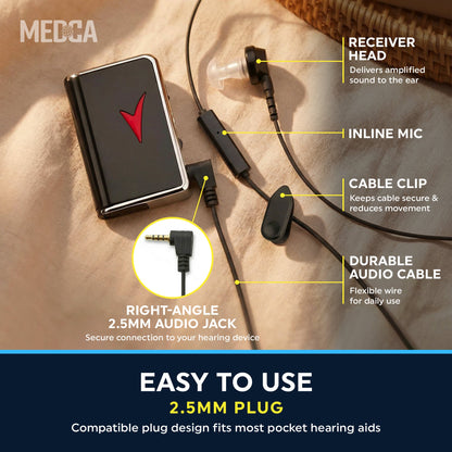 2.5mm Hearing Aid Replacement Cord w/ 2-Pin Receiver & Earbud Set - Compatible with Pocket Hearing Aid Cable for Body Worn Sound Amplifiers - Personal Hearing Amplifier Accessory & 3 Ear Domes