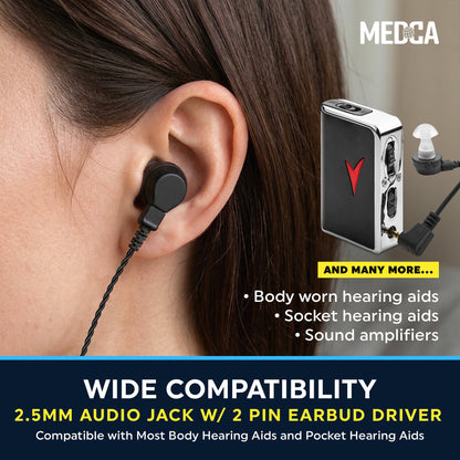 2.5mm Hearing Aid Replacement Cord w/ 2-Pin Receiver & Earbud Set - Compatible with Pocket Hearing Aid Cable for Body Worn Sound Amplifiers - Personal Hearing Amplifier Accessory & 3 Ear Domes