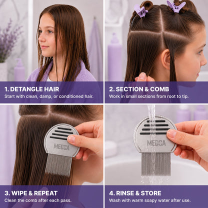 Professional Lice Comb Pro - Stainless Steel Head Lice & Nit Removal Comb with Ultra-Close Micro-Grooved Teeth, Reusable Hair Inspection Comb for Kids & Adults